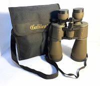 Photo showing Galileo binoculars with carrying pouch, illustrating physical overall condition and included accessories.