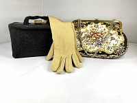 Photo of both purses and gold gloves showing full lot contents, with gloves draped over the purses