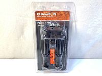 Brand new Champion pivot bipod in sealed packaging, showing front view with branding and product visible.