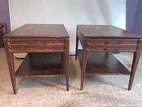 Pair of Mersman Mid-Century Modern end tables, shown front angled view, both tables side by side