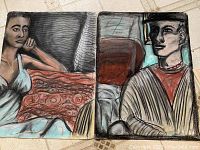 Two charcoal drawings side by side showing two portraits: a woman in light blue dress on left and a man in sweater and hat on right.