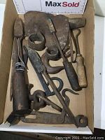 Photo showing the full tray of antique metal tools with various types, including soldering irons, hooks, latch, spades, and others, displaying rust and aged wear.