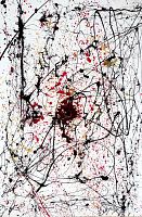 Close-up central detail showing red and black splatter on white canvas