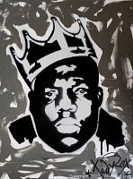 Close-up of the black and white portrait of The Notorious B.I.G. wearing a crown, showing detailed brush strokes and artist signature.