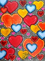 Full front view of gallery-wrapped canvas showing multicolor heart design against gray background