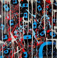 Front view of painting showing abstract black background with blue shapes and red, gold splatters and white drips