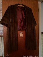 Full front view of the dark brown mink fur stole hanging on a wooden door showing short sleeves and smooth fur texture.