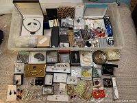 Top view of assorted jewelry pieces in plastic bin showing various items