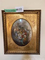 Full view of framed floral artwork with size label showing 19 1/2 x 23 1/2 inches.