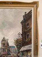 Close-up of painting showing part of a street scene with buildings, sky, and trees on the right side of the frame.