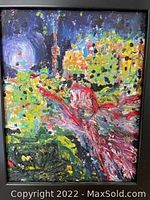 Original oil painting titled "Visions- Toronto" by Sherri Brown, shown in black frame with abstract colorful brush strokes and dots depicting a cityscape.