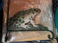 Entire frog motif plant hanger featuring frog sitting on grass base and metal wall mount bracket with curled end for hanging.