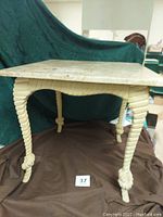 Front and side view of vintage tan marble top table with carved blonde wood rope and knot legs, showing size and design details.