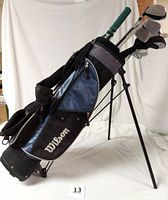 Full side view of Wilson blue and black golf stand bag with clubs inside including headcover visible on some clubs.
