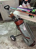 Full view of golf bag standing upright with golf clubs inside.