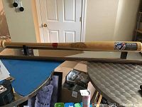 Bat in case displayed on pool table, room background