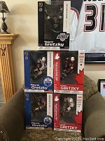 Five boxed Wayne Gretzky McFarlane Toys figures, stacked to show box fronts with clear view of jerseys and teams.