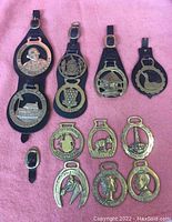 Photo of mounted and single brass horse brasses laid on pink cloth showing front designs and leather back mounts.