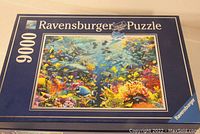 Closed Ravensburger puzzle box showing the 9000-piece underwater scene puzzle image and branding
