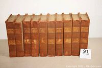 Front view of 10 volume set of 'The Library of Original Sources' showing brown hardcovers with gilded titles on spines, visible wear, and peeling.