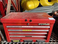 Front view of red Waterloo metal tool box showing labeled drawers for miniature end-mills, square end-mills, ball end-mills, edge finder, and large washers.
