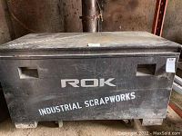 Front view of black ROK bin with Industrial Scrapworks stencil