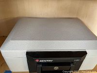 Closed tan Sentry 1100 Series fireproof safe showing black front panel with lock and handle.