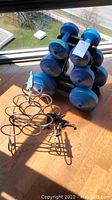 Photo showing the black plastic rack holding six blue plastic dumbbells and the metal wine rack on the floor in sunlight.