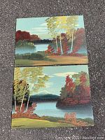 Two landscape paintings on board with lake views and colorful trees placed on pavement.