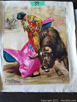 Full view of vintage color canvas print showing bullfighter and bull in action, signed by Jose Cros'Estrems.