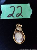 Front view of vintage gold filled cameo pendant showing detailed carved female portrait on brownish purple iridescent background with a leaf detail on gold frame.