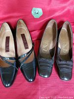 Pair of vintage ladies leather pumps, black De Carlo shoe on left and dark brown Ferrano shoe on right, both size 8