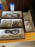Full view of multiple costume jewelry necklaces displayed in divided trays on a tabletop.