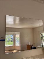 Front view of large rectangular wall mirror hanging on wall, showing room reflected in glass.