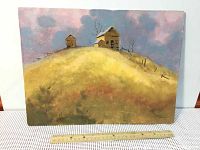 Full view of 12x16 inch original oil painting showing an abandoned farmhouse and outbuilding on a grassy hill under a cloudy sky