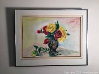 Frontal view of the framed watercolor painting showing colorful roses in a vase on a pink tablecloth, with triple mattes and silver aluminum frame.