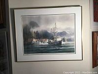 Full view of the framed signed limited edition watercolour print depicting a fishing boat and coastal village.