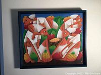 Full view of oil painting showing framed market scene with figures and fruit