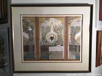 Full view of framed Luther Pokrant lithograph depicting a triptych style religious and historical scene.