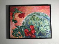 Framed original oil painting showing radishes and an artichoke with vivid colors and artist signature.