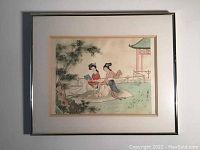 Framed Chinese watercolour artwork showing two women in a garden setting, full view of frame and painting