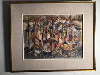 Full framed artwork with linen mat and tan wooden frame showing abstract pastel drawing