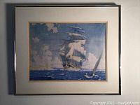 Full view of original watercolor painting of tall ship and small sailboat in gold aluminum frame with triple mats.