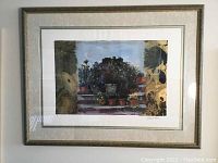 Full view of the framed mixed media artwork depicting potted plants on steps with gold and green frame.