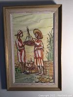 Full view of the framed watercolor painting depicting two women in a market setting.