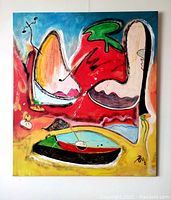 Front view of abstract painting with red, yellow, blue and green organic shapes and boat-like motif