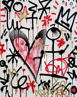 Close-up of central red heart and surrounding black and gold graffiti tags