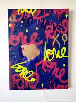 Front view of the full painting showing vibrant text and gold leaf details over dark blue canvas.