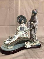 Front view of figurine showing two geishas on bridge and wooden base