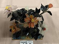 Front view showing complete gemstone tree and cloisonne planter base